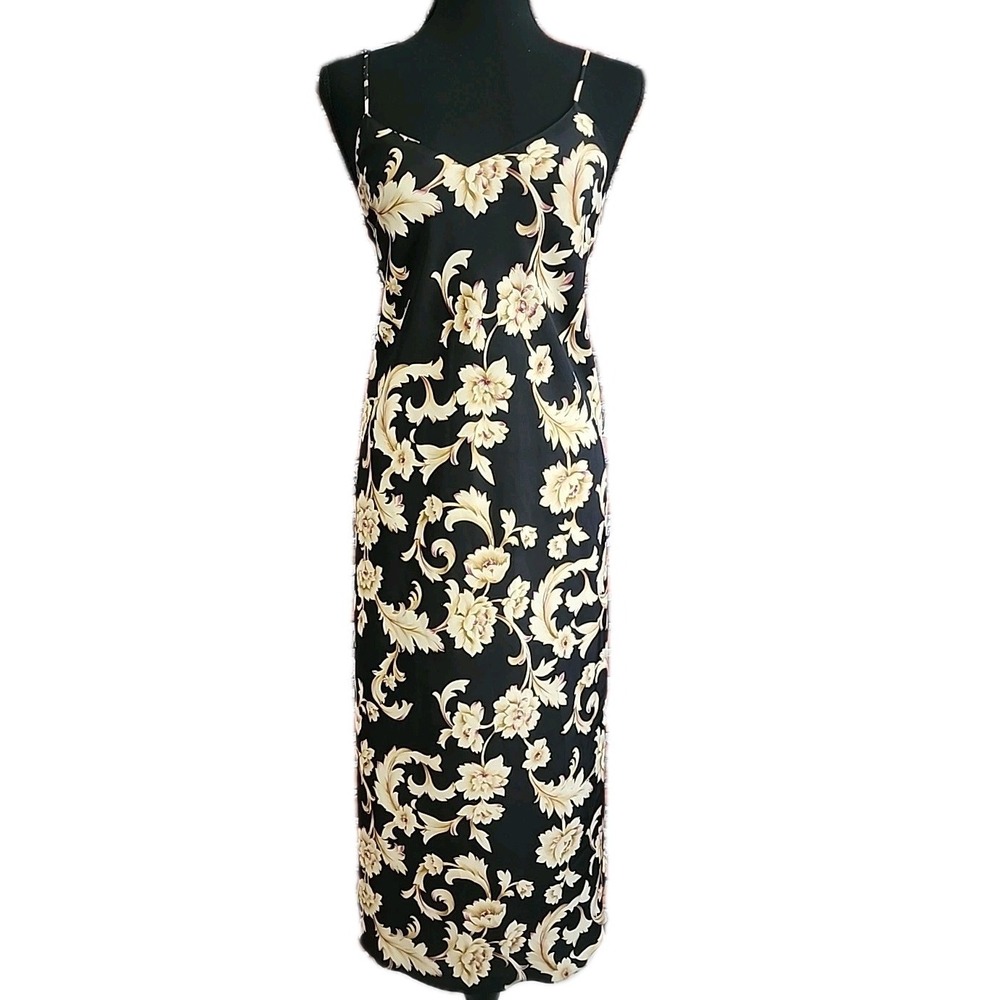 Vintage 90s Womens Floral Maxi Slip Dress Whimsigoth Fairy Black Gold Linda Med